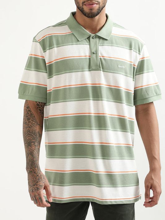 Gant Green Striped Regular Fit Polo Tshirt