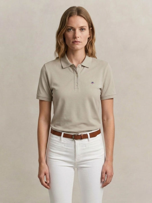 Gant Women Beige Solid Regular Fit Polo T-Shirt