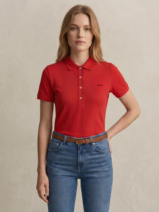 Gant Women Red Solid Slim Fit Polo T-Shirt
