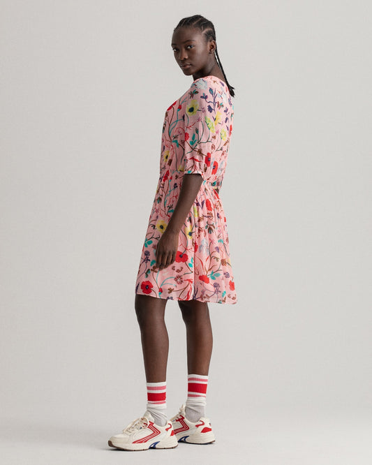 Gant Women Pink Red Floral Boat Neck Fit Flare Dress