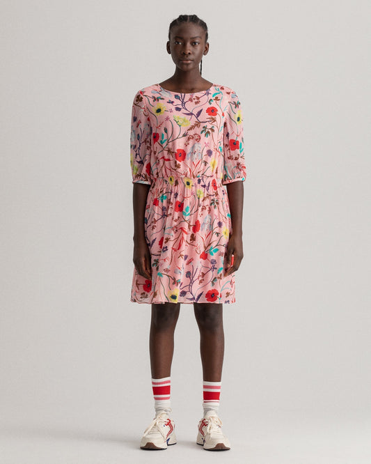 Gant Women Pink Red Floral Boat Neck Fit Flare Dress