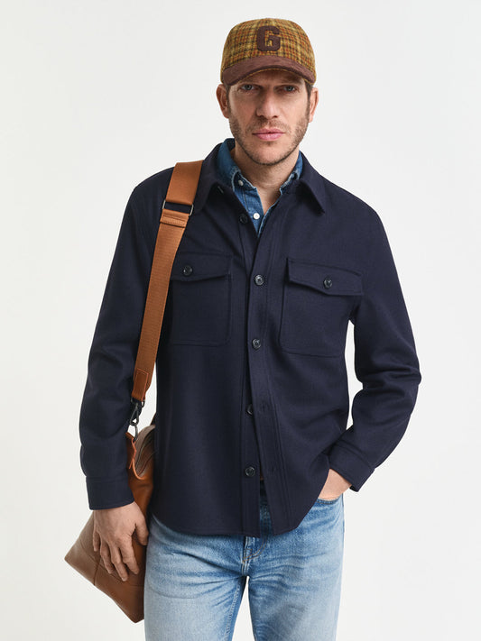 Gant Men Regular Navy Blue Solid Wool Blend Oversize Shirt