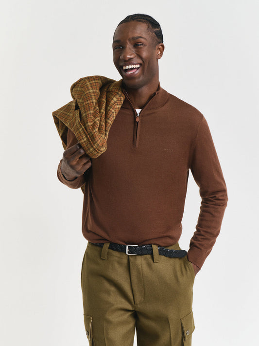 Gant Men Brown Solid Half Zip Sweater