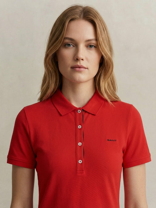 Gant Women Red Solid Slim Fit Polo T-Shirt
