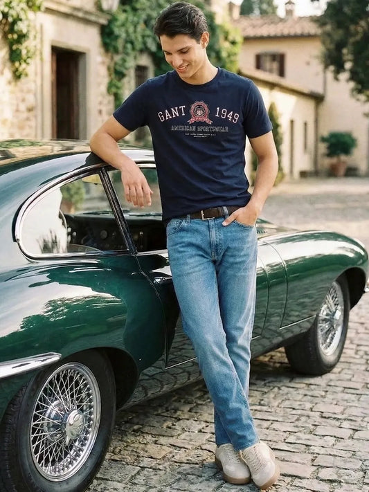 Gant Men Blue Printed Crew Neck Tshirt