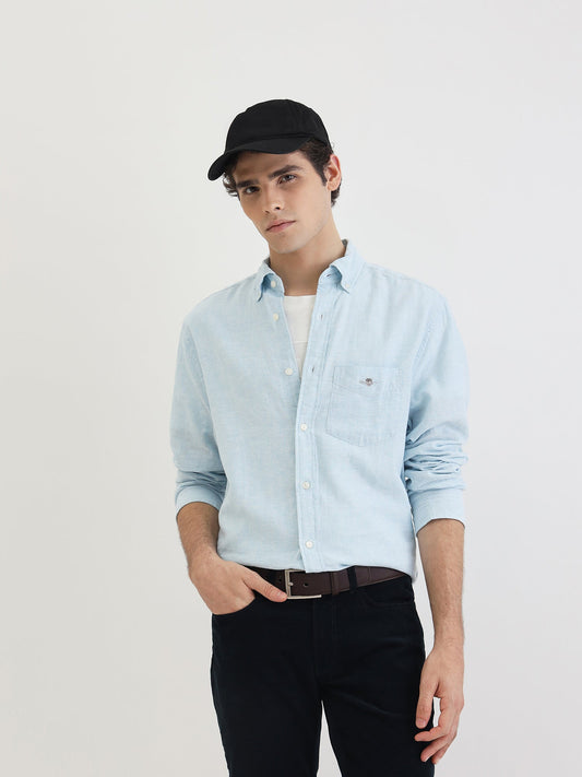 Gant Men Blue Solid Button-Down Collar Full Sleeves Shirt