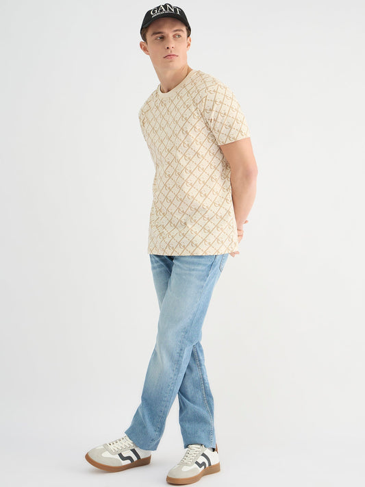 Gant Men Cream Regular Fit Printed Crew Neck Tshirt