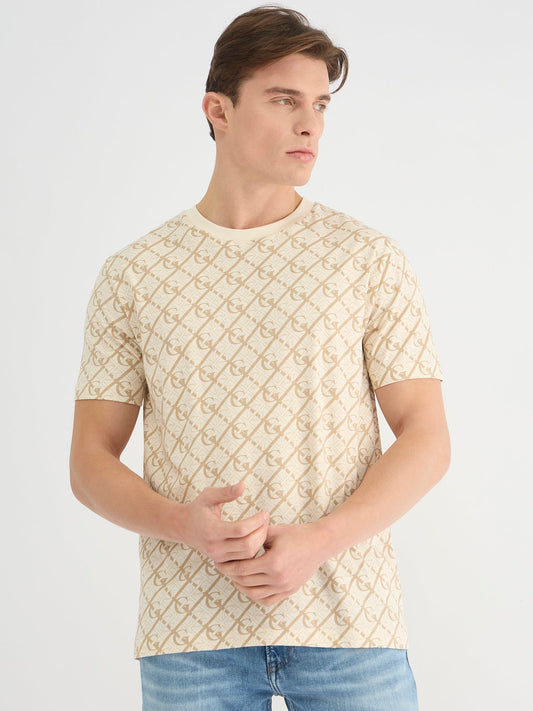 Gant Men Cream Regular Fit Printed Crew Neck Tshirt