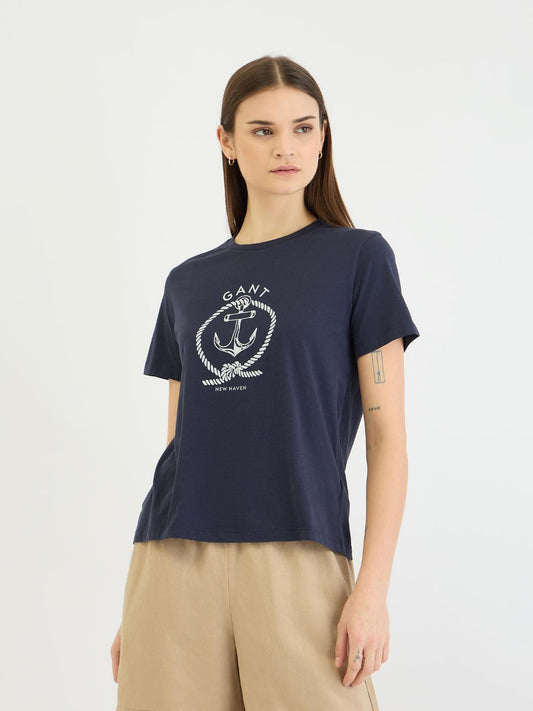 Gant Women Blue Placement Print Crew Neck Tshirt