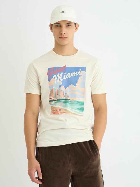 Gant Men Cream Printed Crew Neck Tshirt
