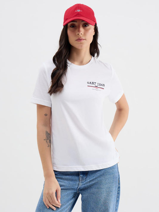 Gant Women White Solid Crew Neck Tshirt