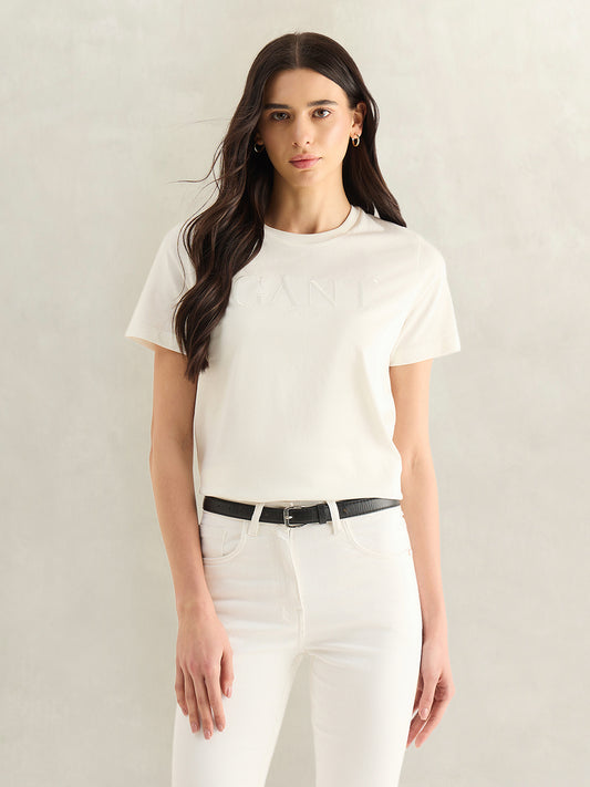 Gant Women White Solid Regular Fit Pure Cotton T-Shirt
