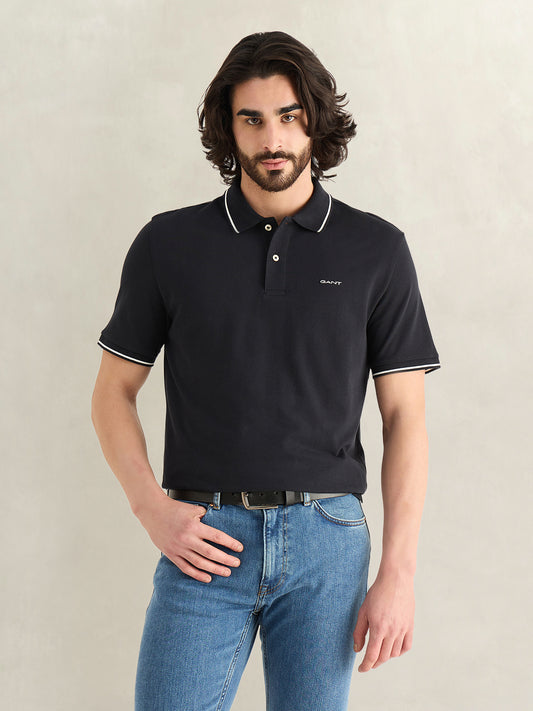 Gant Men Black Solid Regular Fit Polo T-Shirt