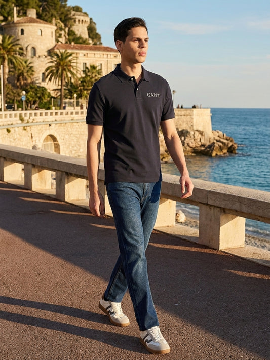 Gant Men Navy Blue Solid Regular Fit Pure Cotton Polo T-Shirt