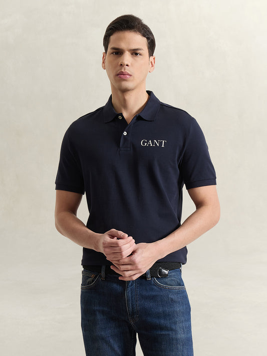 Gant Men Navy Blue Solid Regular Fit Pure Cotton Polo T-Shirt