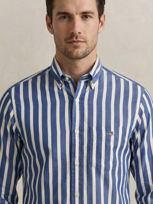 Gant Men Blue Striped Regular Fit Classic Poplin Shirt