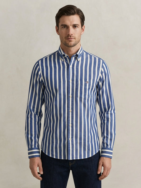 Gant Men Blue Striped Regular Fit Classic Poplin Shirt
