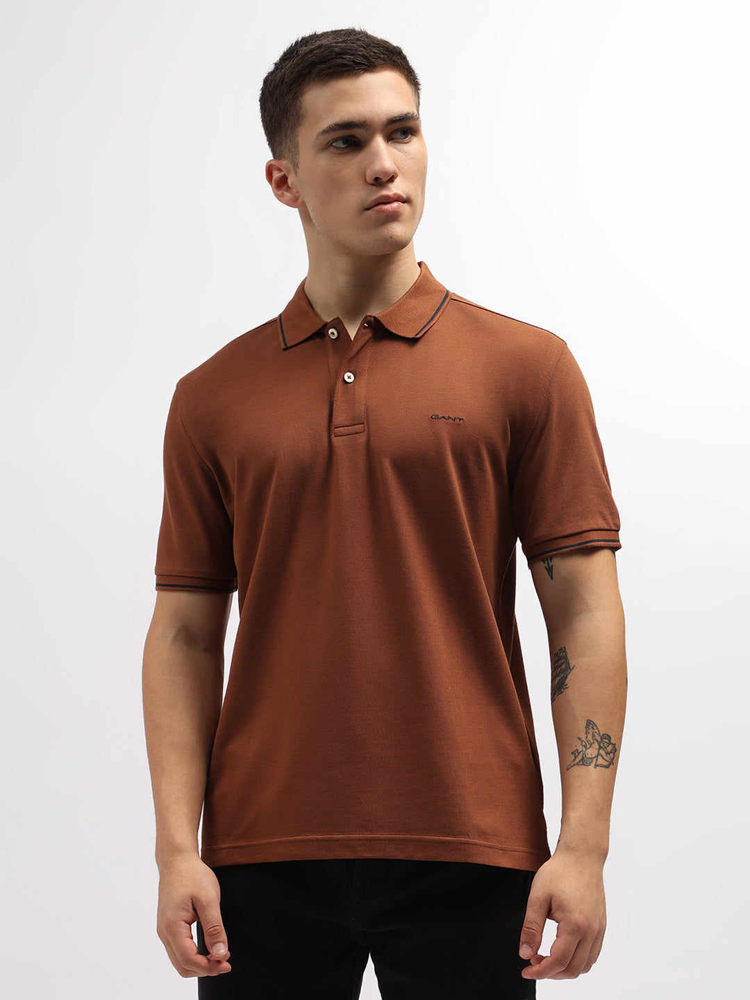 Shop Gant Men Brown Solid Polo Collar Short Sleeves Tshirt Gant