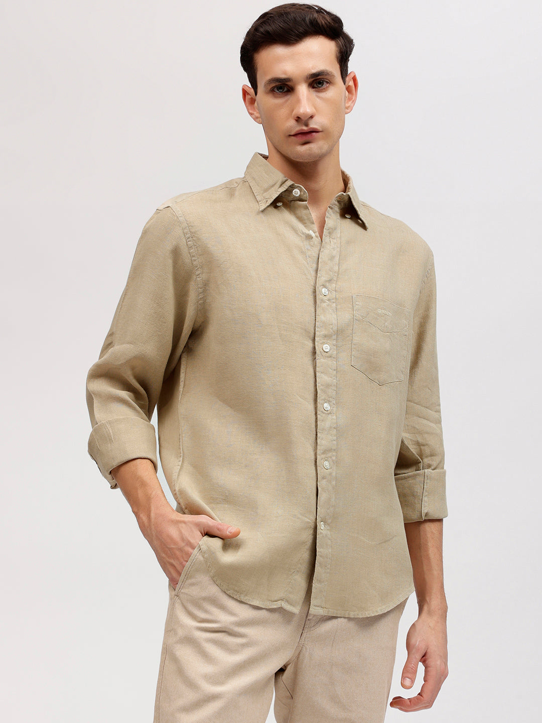 Shop Gant Men Beige Solid Button-down Collar Full Sleeves Linen Shirt