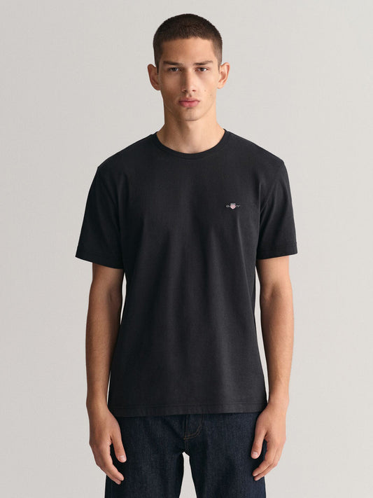 Gant Men Black Solid Round Neck Short Sleeves Tshirt