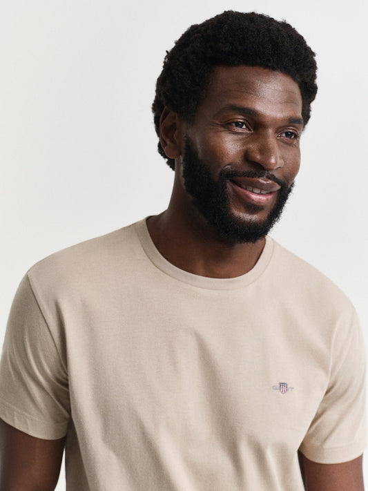 Gant Men Beige Solid Round Neck Short Sleeves Tshirt