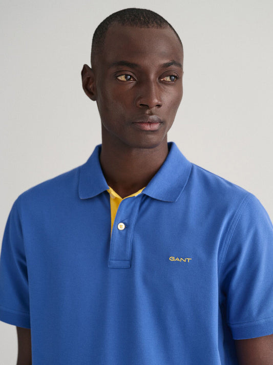 Gant Men Blue Solid Collared Short Sleeves Polo Tshirt