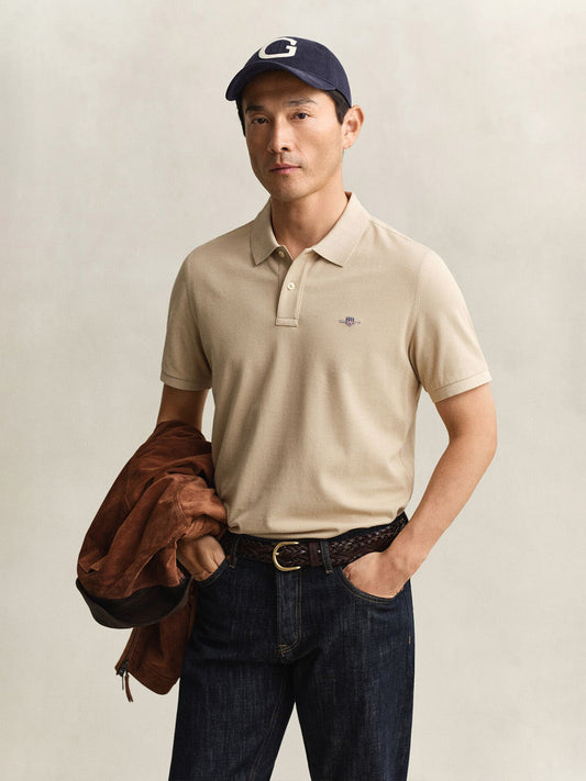Gant Men Beige Solid Regular Fit Polo T-Shirt