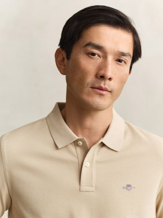 Gant Men Beige Solid Regular Fit Polo T-Shirt