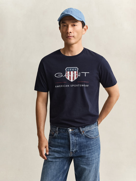 GANT Men Navy Blue Printed Regular Fit Archieve Shield T-Shirt