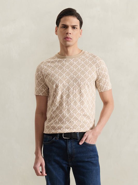Gant Men Beige Printed Regular Fit Pure Cotton T-Shirt