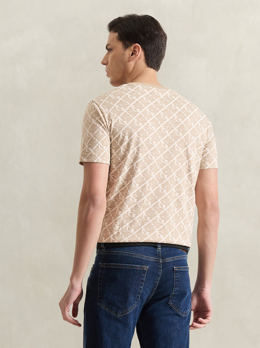 Gant Men Beige Printed Regular Fit Pure Cotton T-Shirt