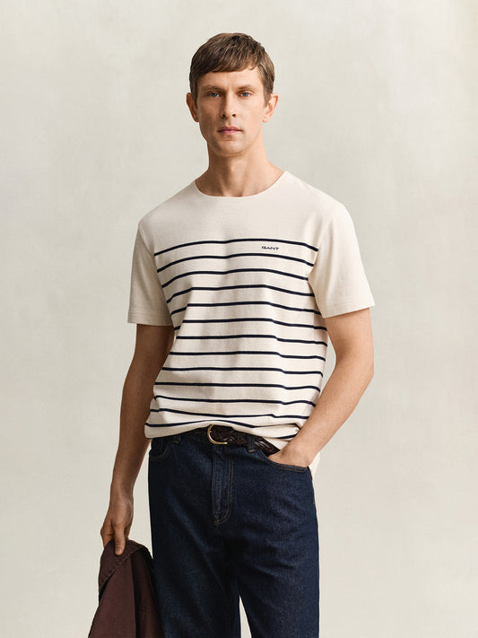 GANT Men Cream Striped Pure Cotton T-Shirt