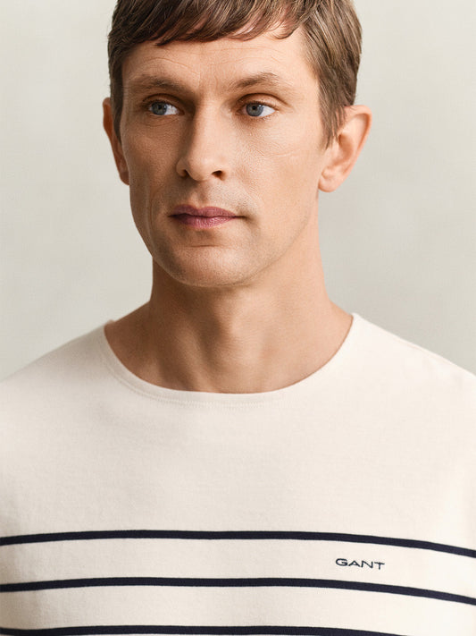 GANT Men Cream Striped Pure Cotton T-Shirt