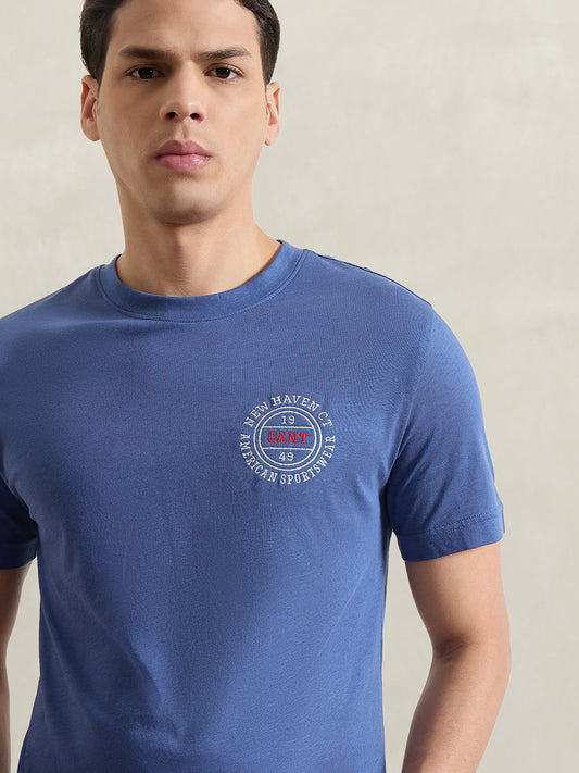 Gant Men Blue Solid Regular Fit Pure Cotton T-Shirt
