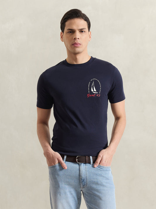 Gant Men Navy Blue Printed Regular Fit Pure Cotton T-Shirt