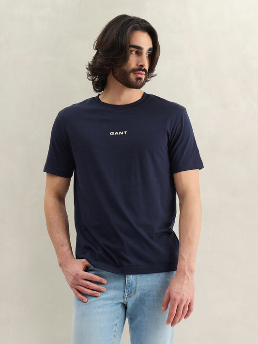 Gant Men Navy Blue Solid Regular Fit Pure Cotton T-Shirt