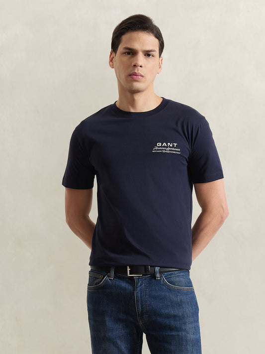 Gant Men Navy Blue Solid Regular Fit Pure Cotton T-Shirt