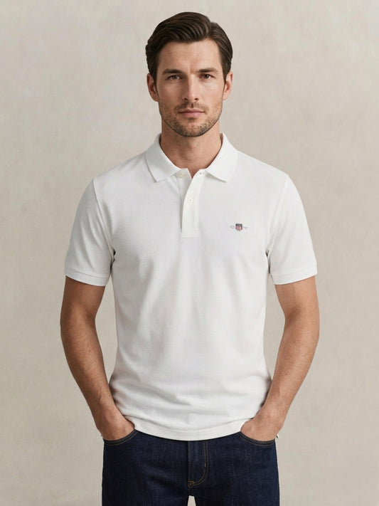 Gant Men White Solid Regular Fit Pure Cotton Polo T-Shirt