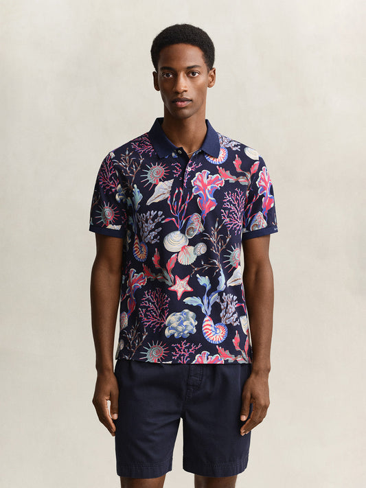 GANT Men Navy Blue Printed Cotton Polo T-Shirt