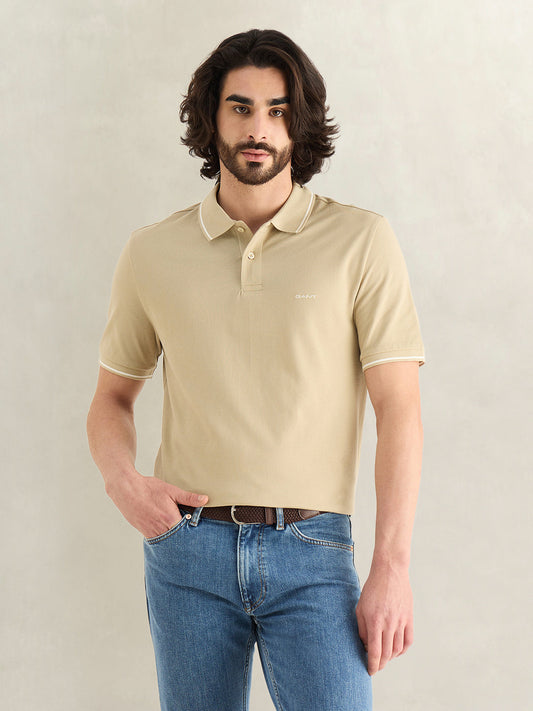 Gant Men Beige Solid Regular Fit Polo T-Shirt
