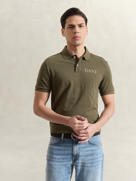 Gant Men Olive Green Solid Regular Fit Pure Cotton Polo T-Shirt