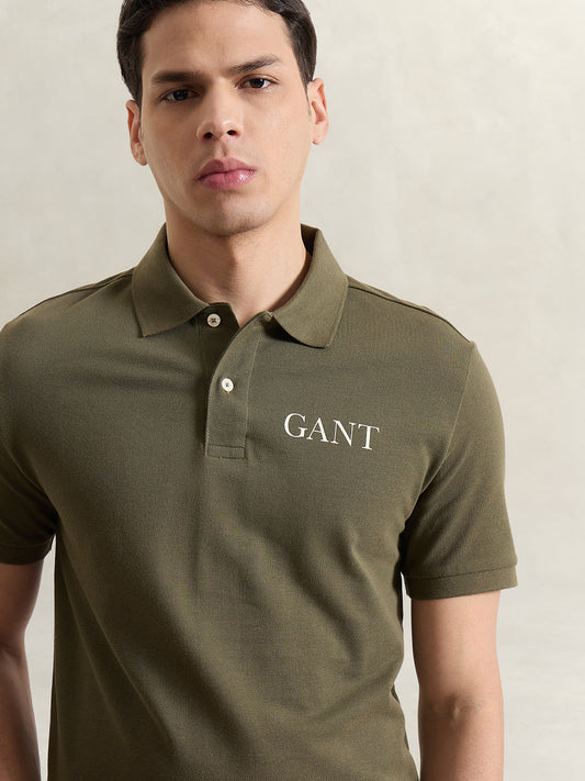 Gant Men Olive Green Solid Regular Fit Pure Cotton Polo T-Shirt
