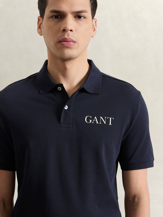 GANT Men Navy Blue Solid Polo T-Shirt