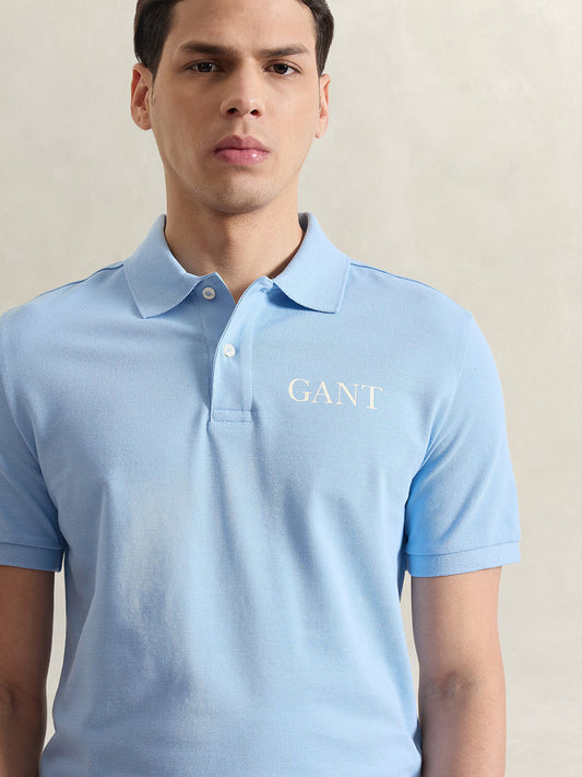 Gant Men Blue Solid Regular Fit Pure Cotton Polo T-Shirt