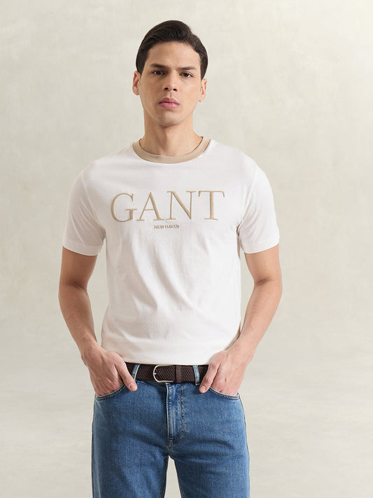 Gant Men White Solid Regular Fit Pure Cotton T-Shirt