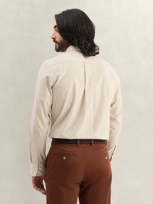 Gant Men Beige Striped Regular Fit Classic Poplin Shirt