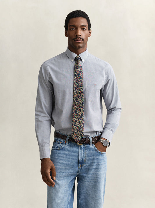 Gant Men Blue Striped Regular Fit Classic Poplin Shirt