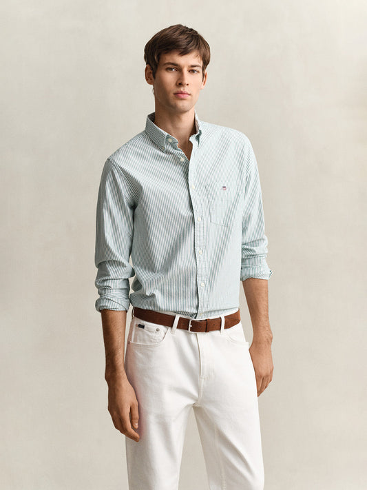 Gant Men Green Striped Regular Fit Classic Oxford Shirt