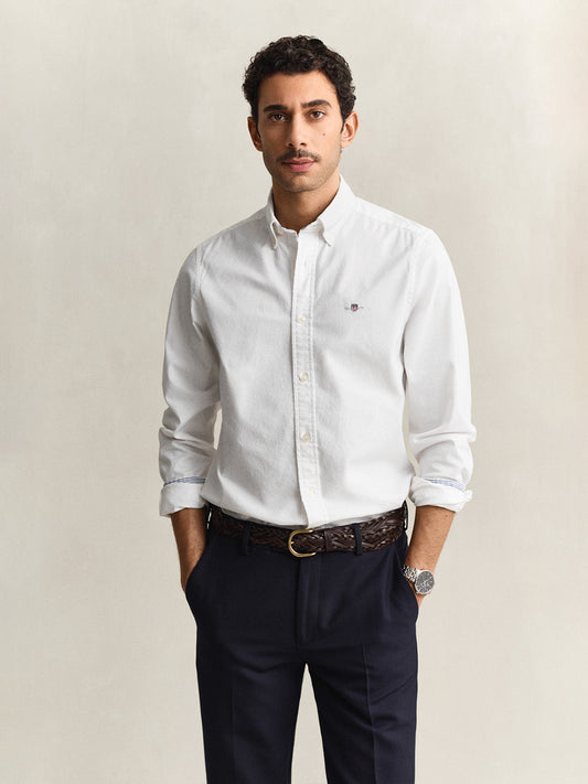 Gant Men White Solid Slim Fit Oxford Shirt