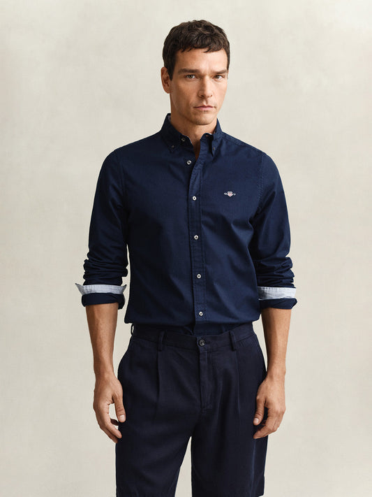 Gant Men Navy Blue Solid Slim Fit Oxford Shirt